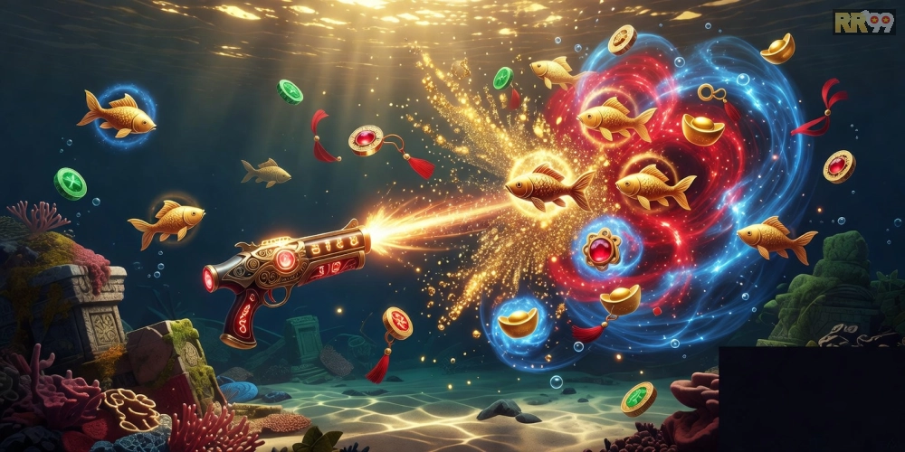 Hình ảnh game bắn cá thần tài với các biểu tượng may mắn và phần thưởng vàng óng.