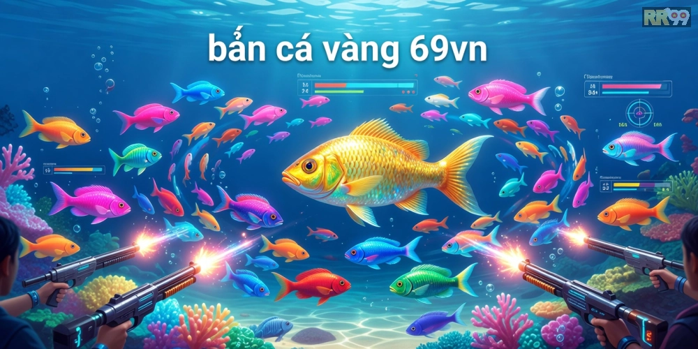 Minh họa khái niệm bắn cá vàng 69vn với đồ họa sống động và cá vàng óng ánh