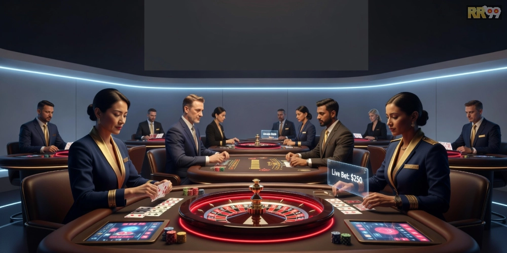 Minh họa khái niệm casino live house 69vn với dealer chuyên nghiệp và bàn chơi hiện đại